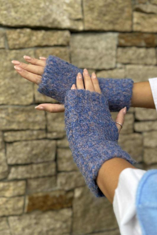Boucle Fingerless Gloves Blue Melange